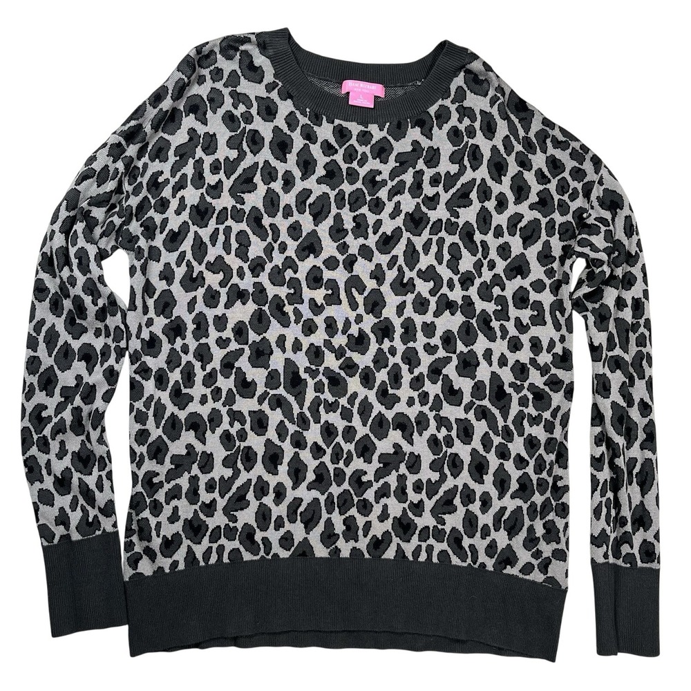 Isaac Mizrahi Women's Black Gray Leopard Print Crew Neck Sweater Sz Large